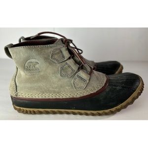 Sorel Out N About Waterproof Leather Lace-Up Ankle Duck Boots Grey/Burgundy, 8